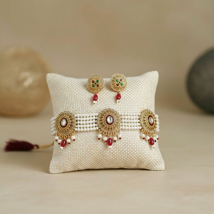 Traditional Gold-Plated Kundan Pearl Choker Necklace Set with Emerald red Drops and Matching Earrings