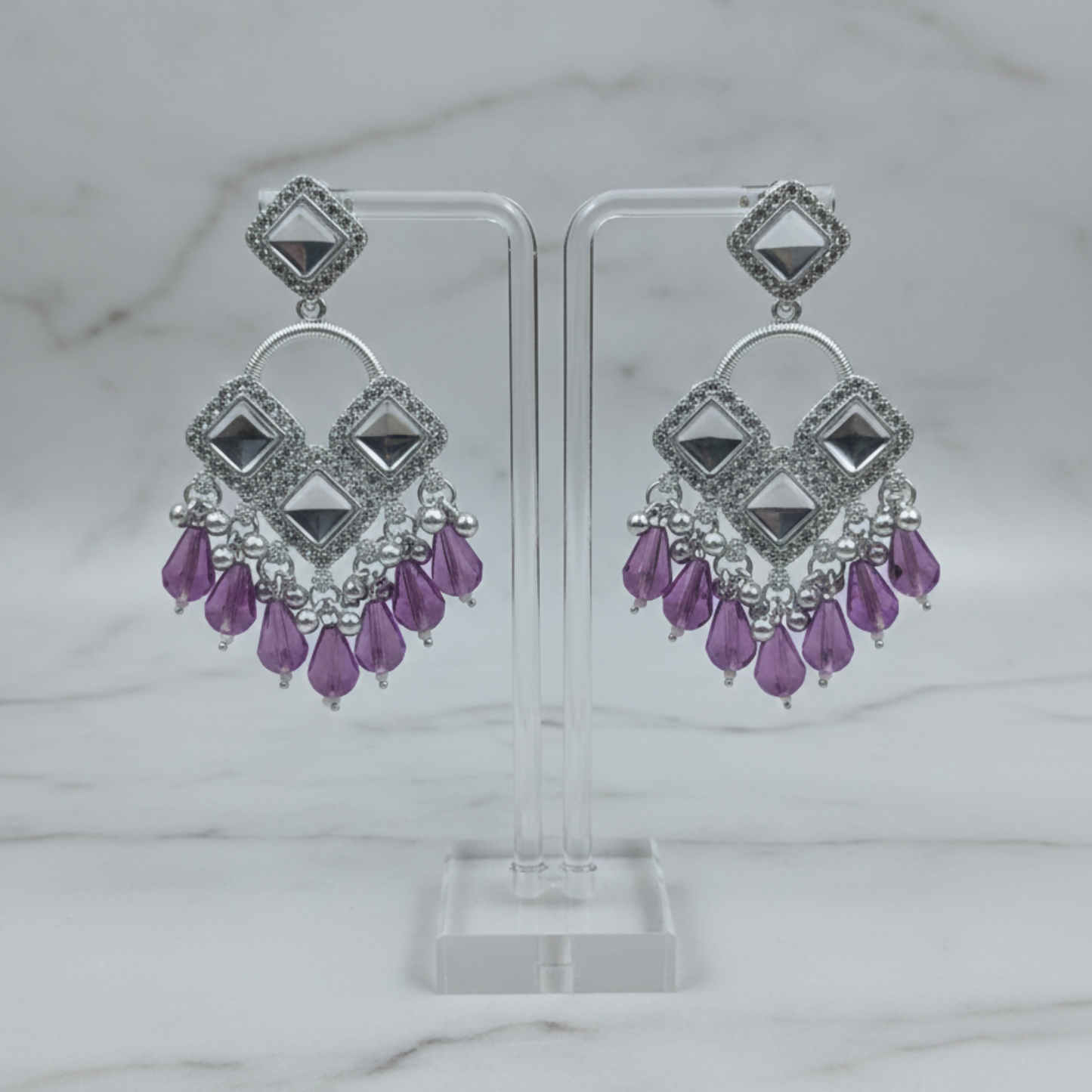 Elegant Silver Plated Chandelier Earrings Featuring Square Crystals and Purple Teardrop Beads