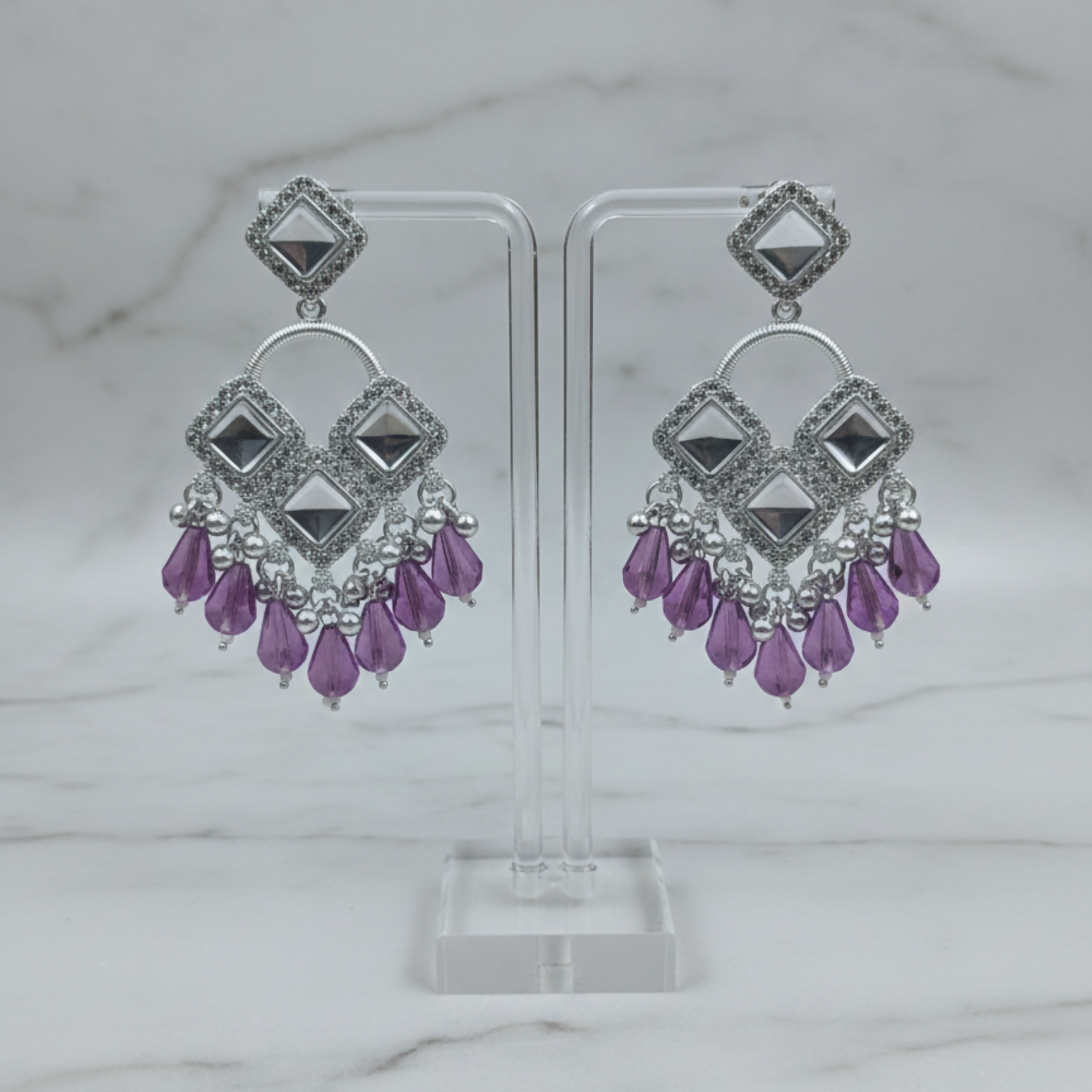 Elegant Silver Plated Chandelier Earrings Featuring Square Crystals and Purple Teardrop Beads