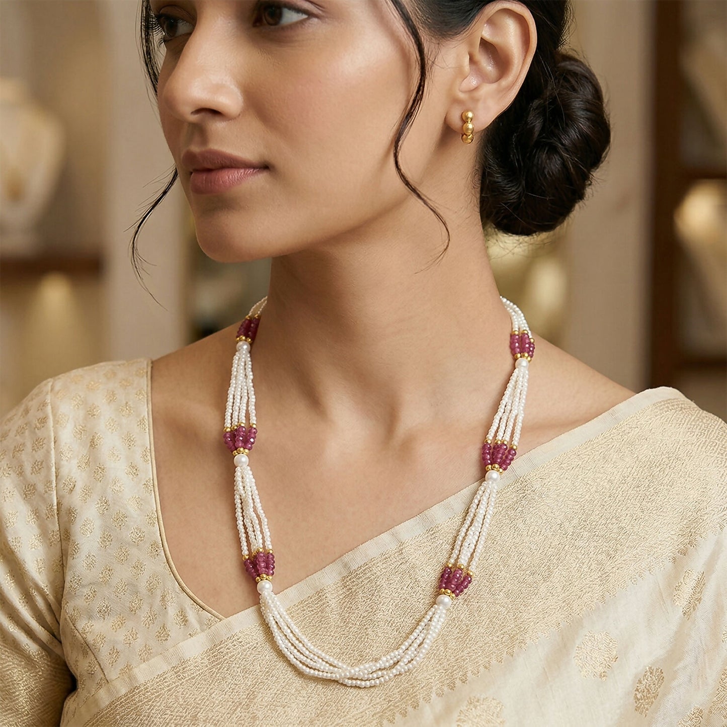 Handmade layered mala necklace with white and pink beads