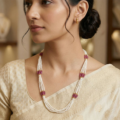 Handmade layered mala necklace with white and pink beads