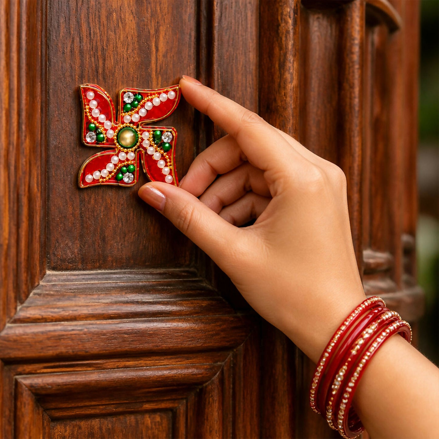 A hand with red bangles is placing a red and gold Swastik sticker with green and white embellishments on a wooden door.