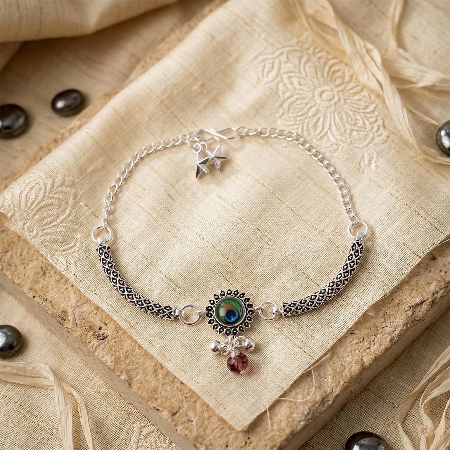 Peacock Stone Silver Charm Bracelet with Adjustable Chain for Women