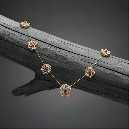 Ruby Floral Swirl Station Necklace with Diamond Detailing and Elegant Finish