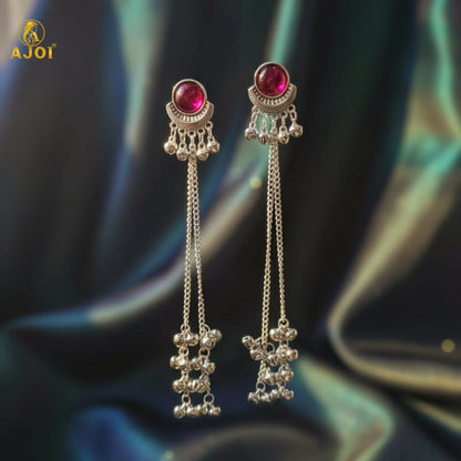Ethnic Round Design Silver Plated Long Earrings with Ghungroo Drops