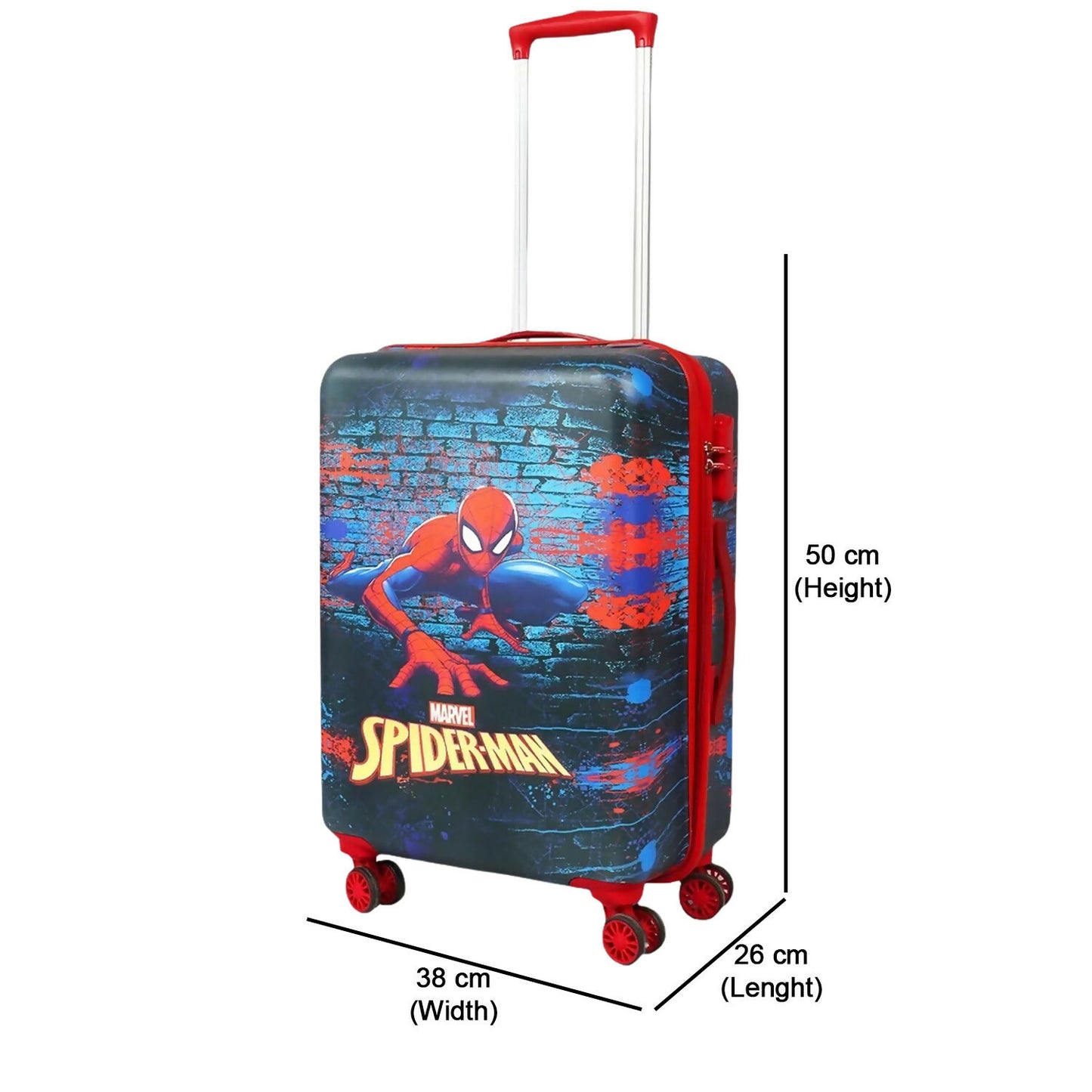 Open Spider-Man trolley bag showing multiple compartments for kids' essentials