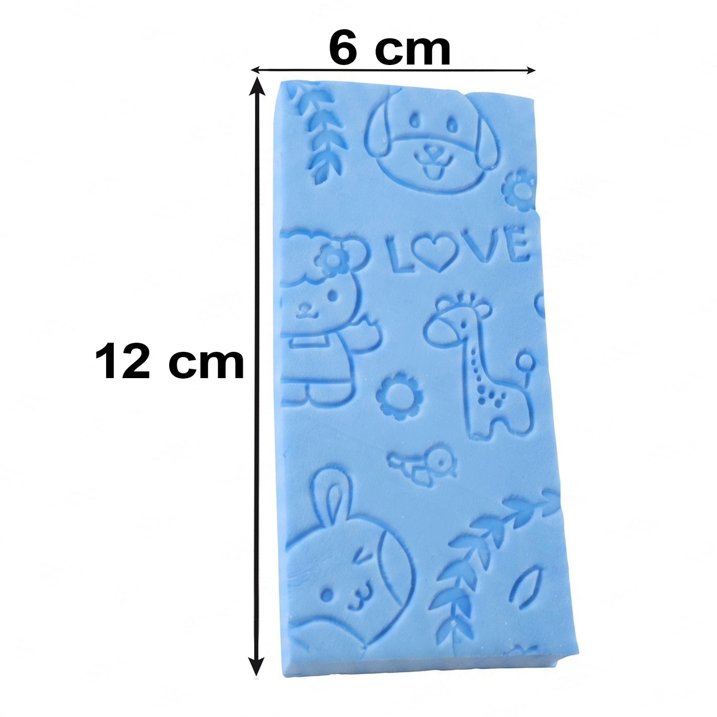 A blue exfoliating sponge with embossed animal patterns is shown with dimensions of 12 cm length and 6 cm width.