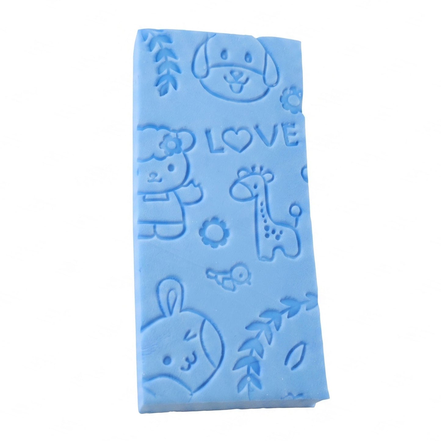 A blue exfoliating sponge with embossed animal patterns, including a dog, sheep, giraffe, and bunny, is shown against a