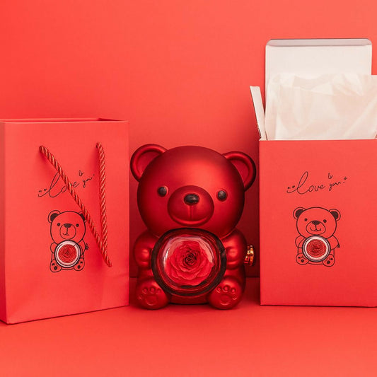 Red Teddy Bear With Eternal Rose Gift Box | Romantic Love Gift for Her & Couples