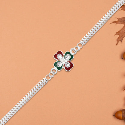 Traditional Rakshabandhan Rakhi with vibrant enamel work and durable chain.