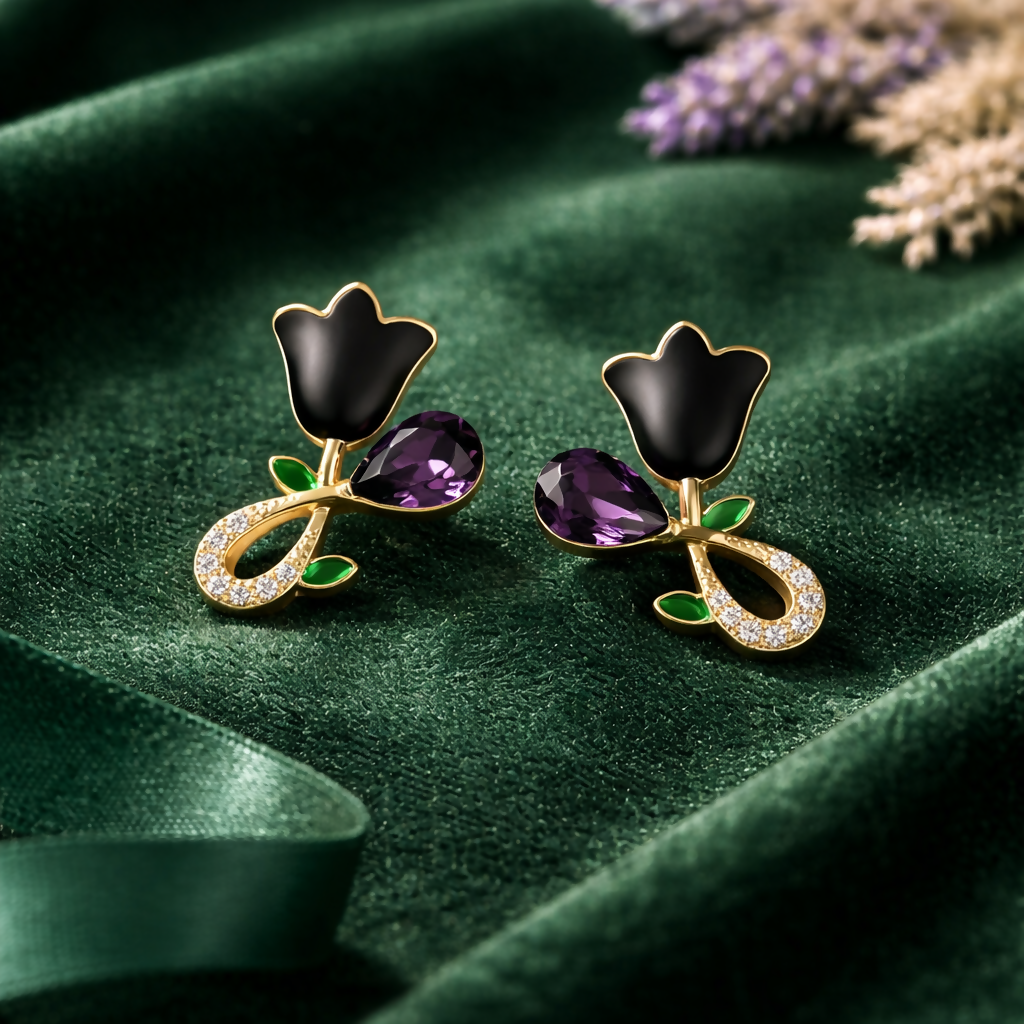 Black floral stud earrings worn with gold plating and green leaf accents