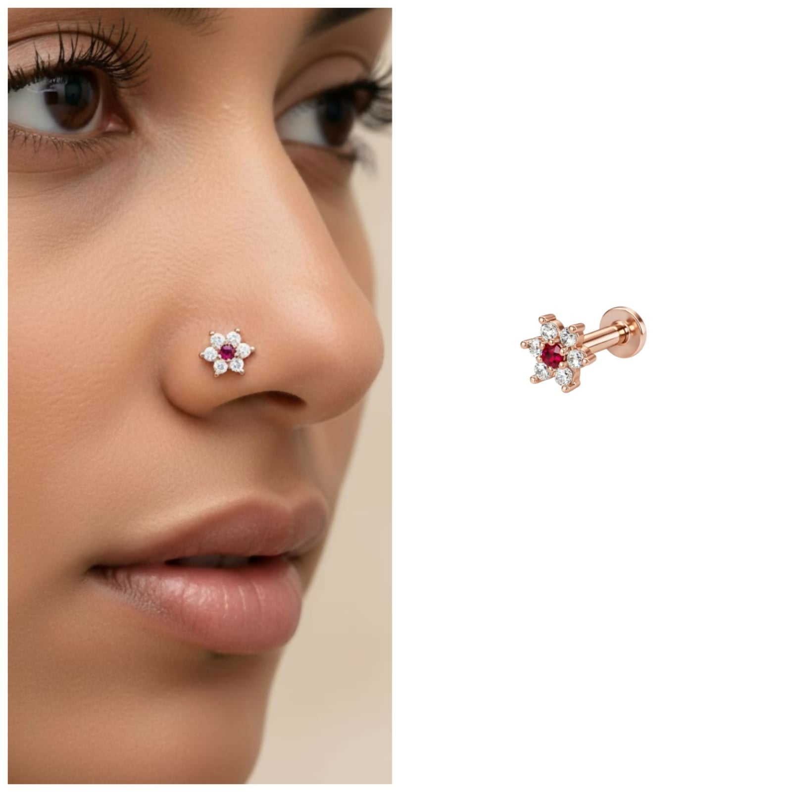 Rose gold plated labret nosepin stud with ruby and cubic zirconia flower design