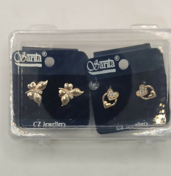 Mini Gold Plated AD Stud Earrings Set: Heart & Butterfly for women & girls Combo Pack of 2