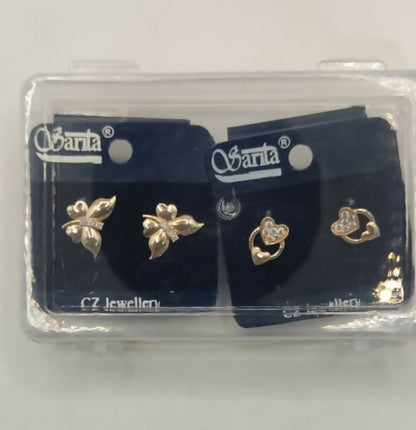 Mini Gold Plated AD Stud Earrings Set: Heart & Butterfly for women & girls Combo Pack of 2