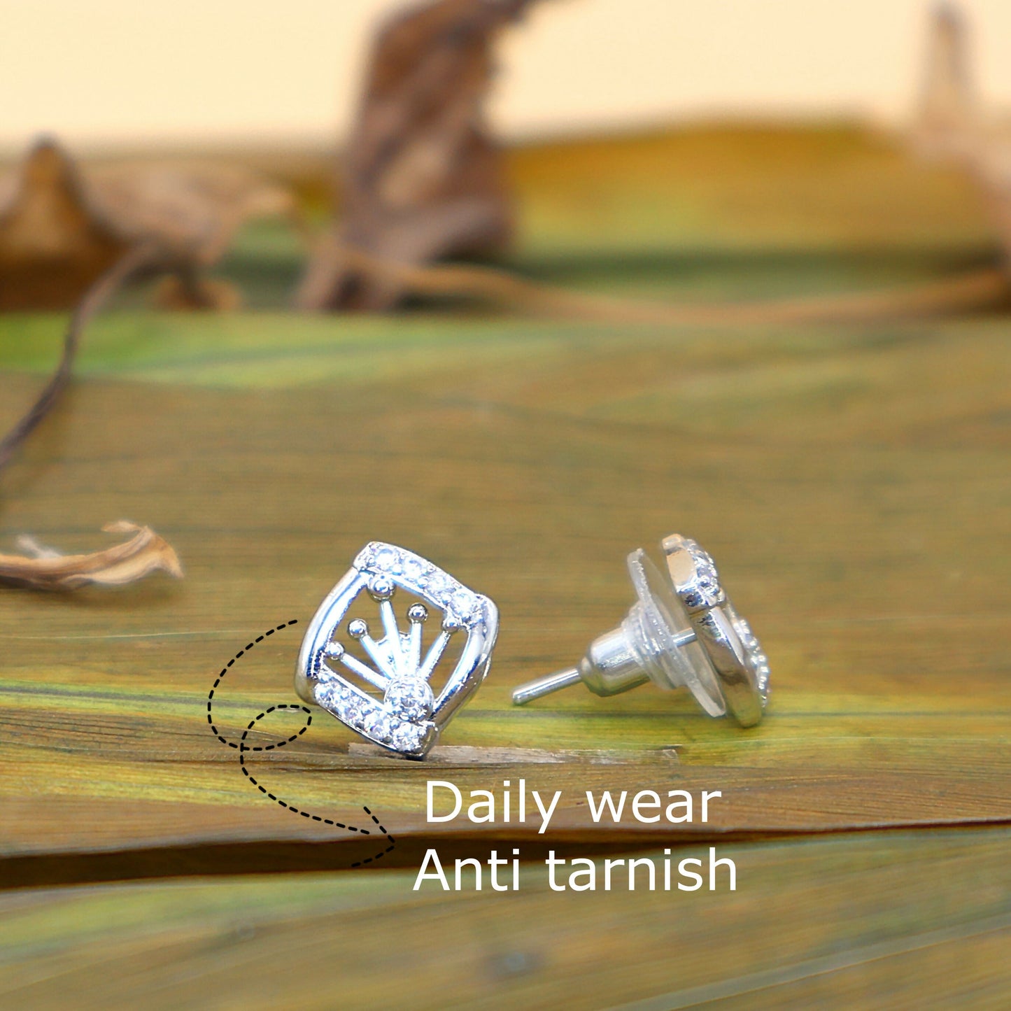 Rhodium Plated AD Crown Stud Earrings - Anti-Tarnish, Daily Wear for women and girls