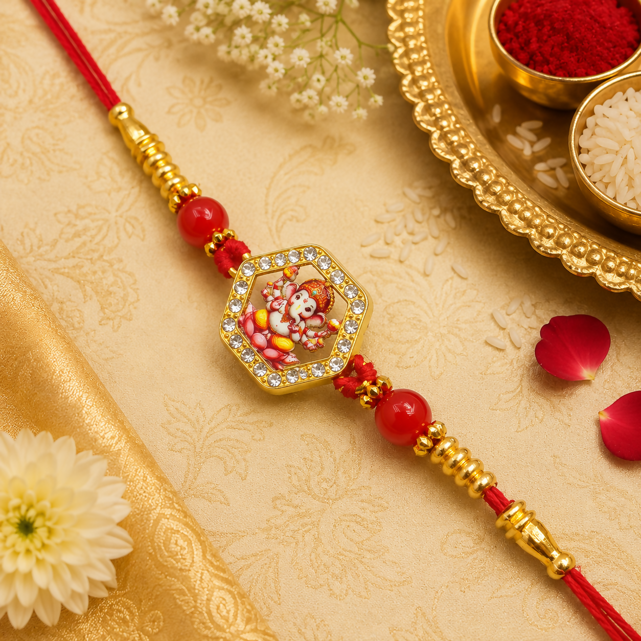 A red thread bracelet with a gold-framed Ganesha figure charm and red beads is displayed on a gold patterned fabric.