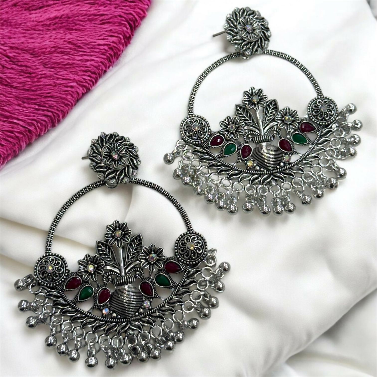 Oxidised Silver Floral Chandbali Earrings with Color Stone Detailing & Ghungroo Drops