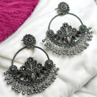 Oxidised Silver Floral Chandbali Earrings with Color Stone Detailing & Ghungroo Drops
