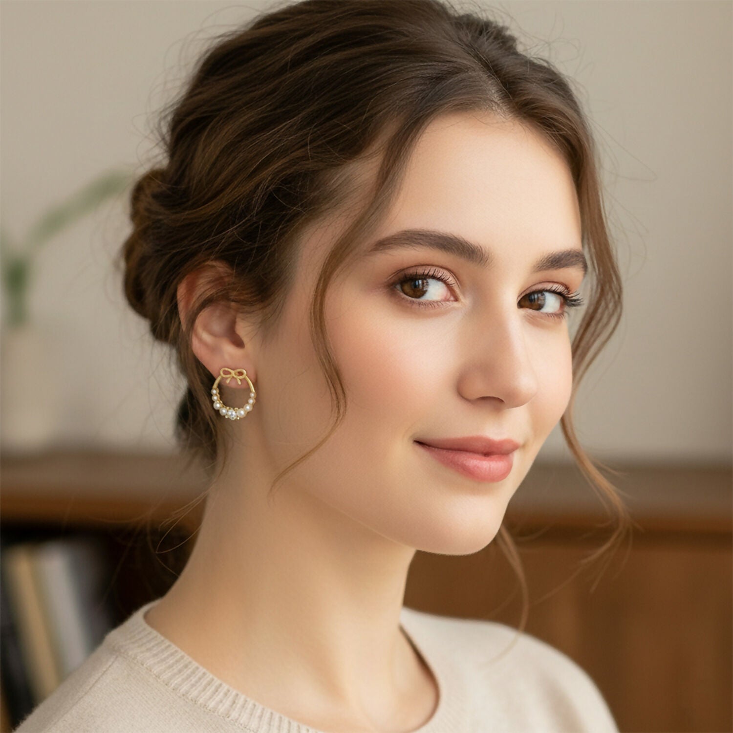 Elegant Bow Pearl Hoop Earrings for Women | Gold Plated Crystal Stud Hoops | Cute Korean Style Fashion Jewelry