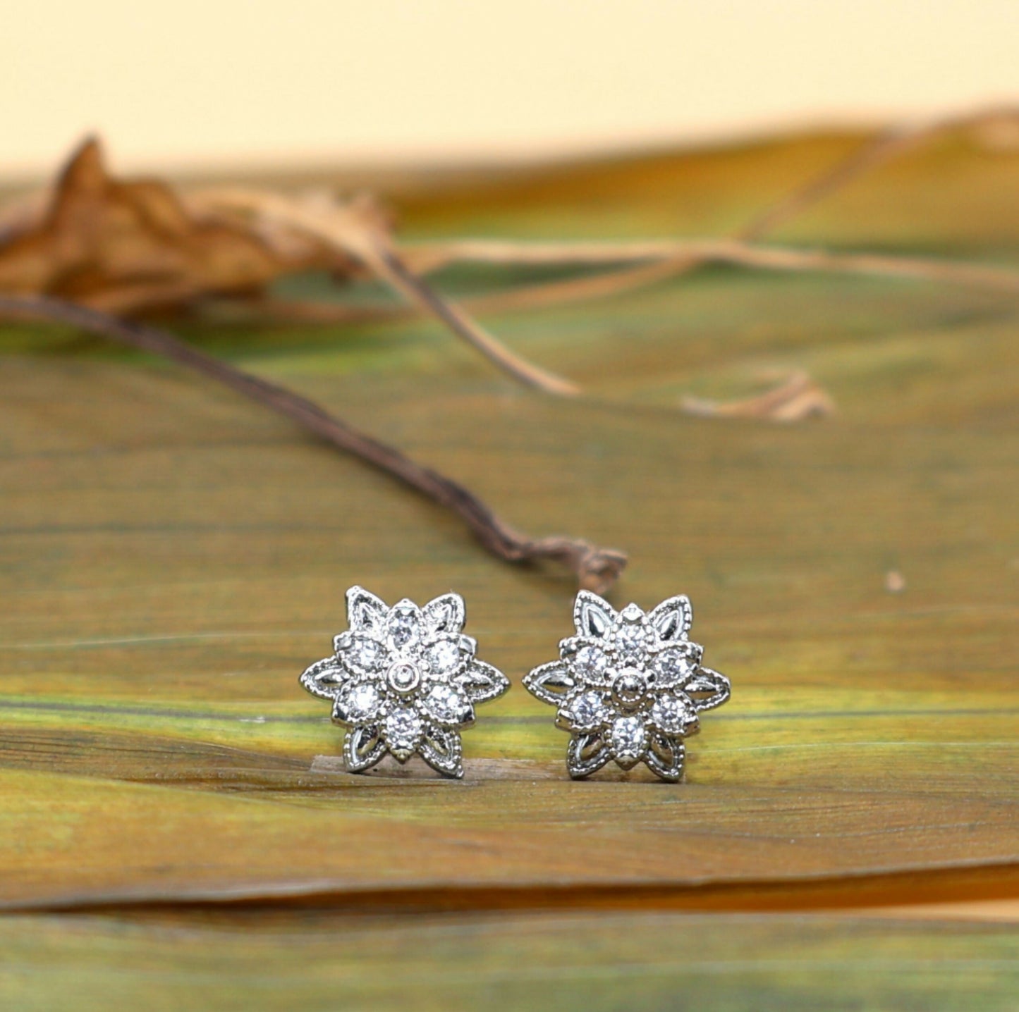 Diamond Cluster Flower Stud Earrings Sterling Silver Dainty Minimalist