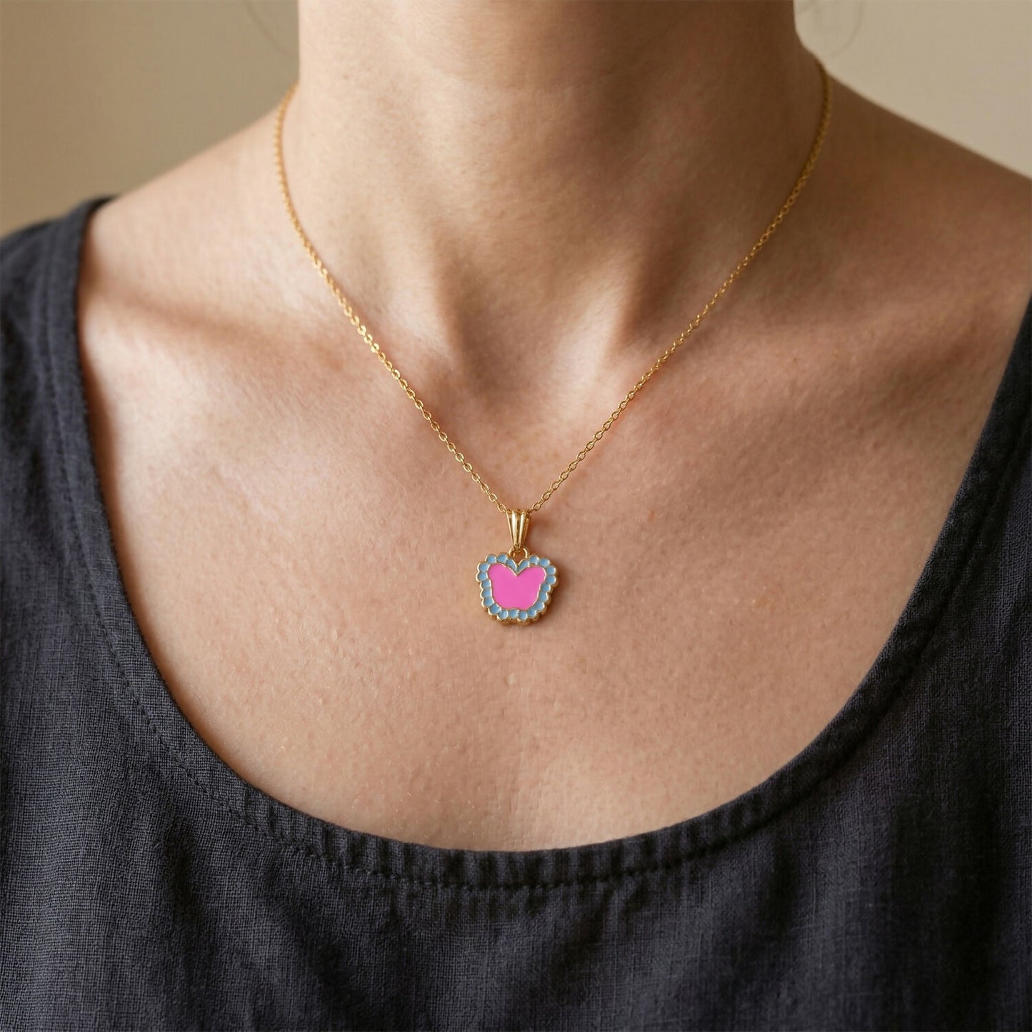 Cute Butterfly-Shaped Gold Pendant Necklace with Color Stones