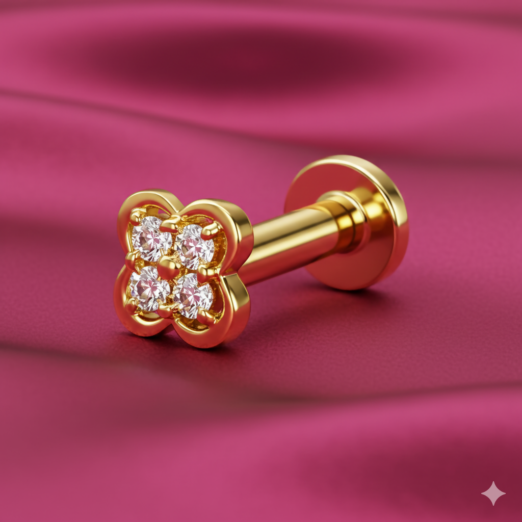Side view of gold plated four leaf clover stud earring with flat back post