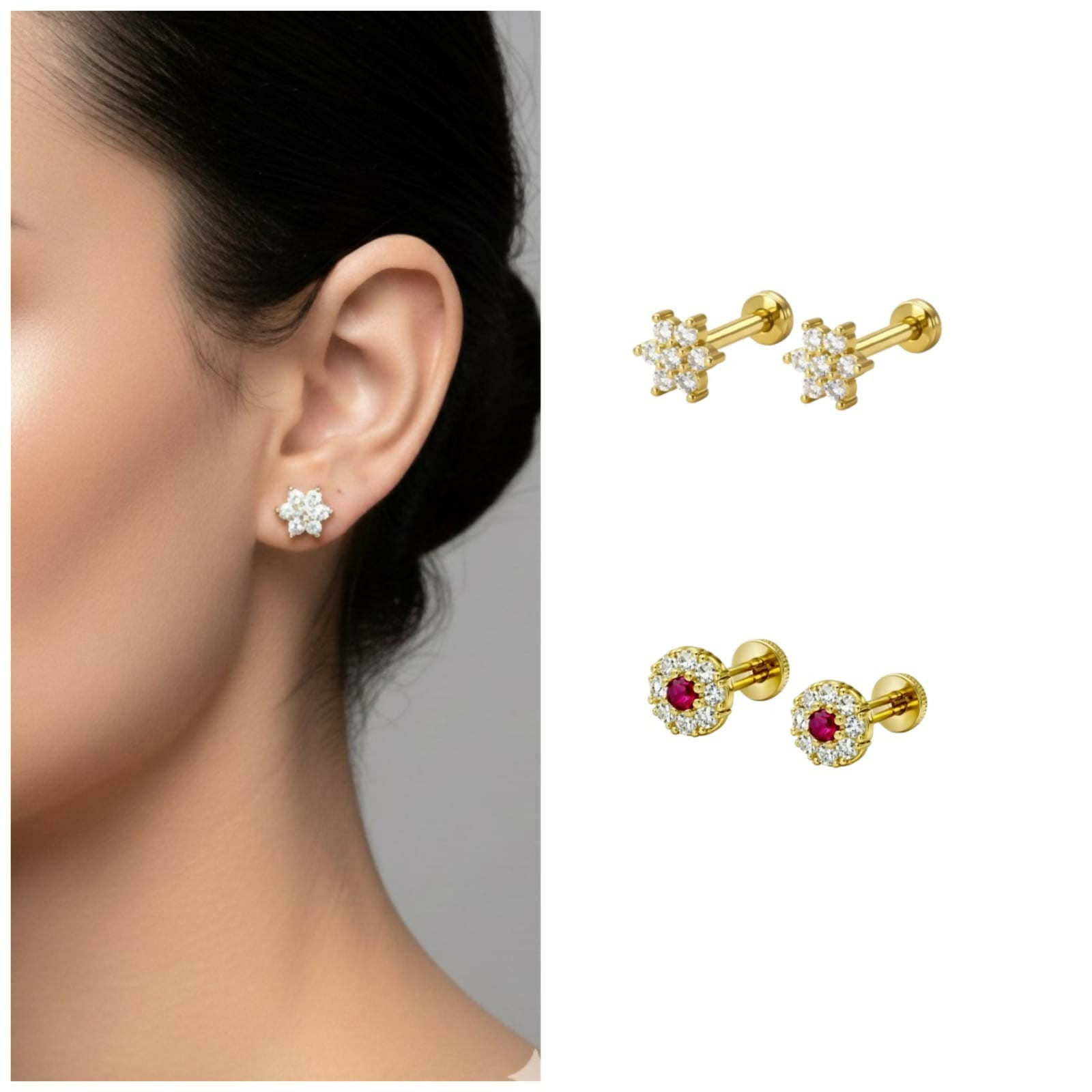 Close-up of gold plated ruby halo flat back AD stud earrings with vibrant stones