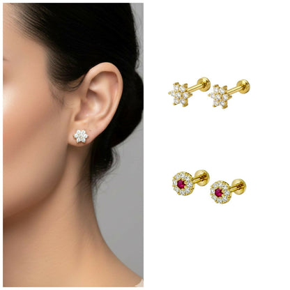 Close-up of gold plated ruby halo flat back AD stud earrings with vibrant stones