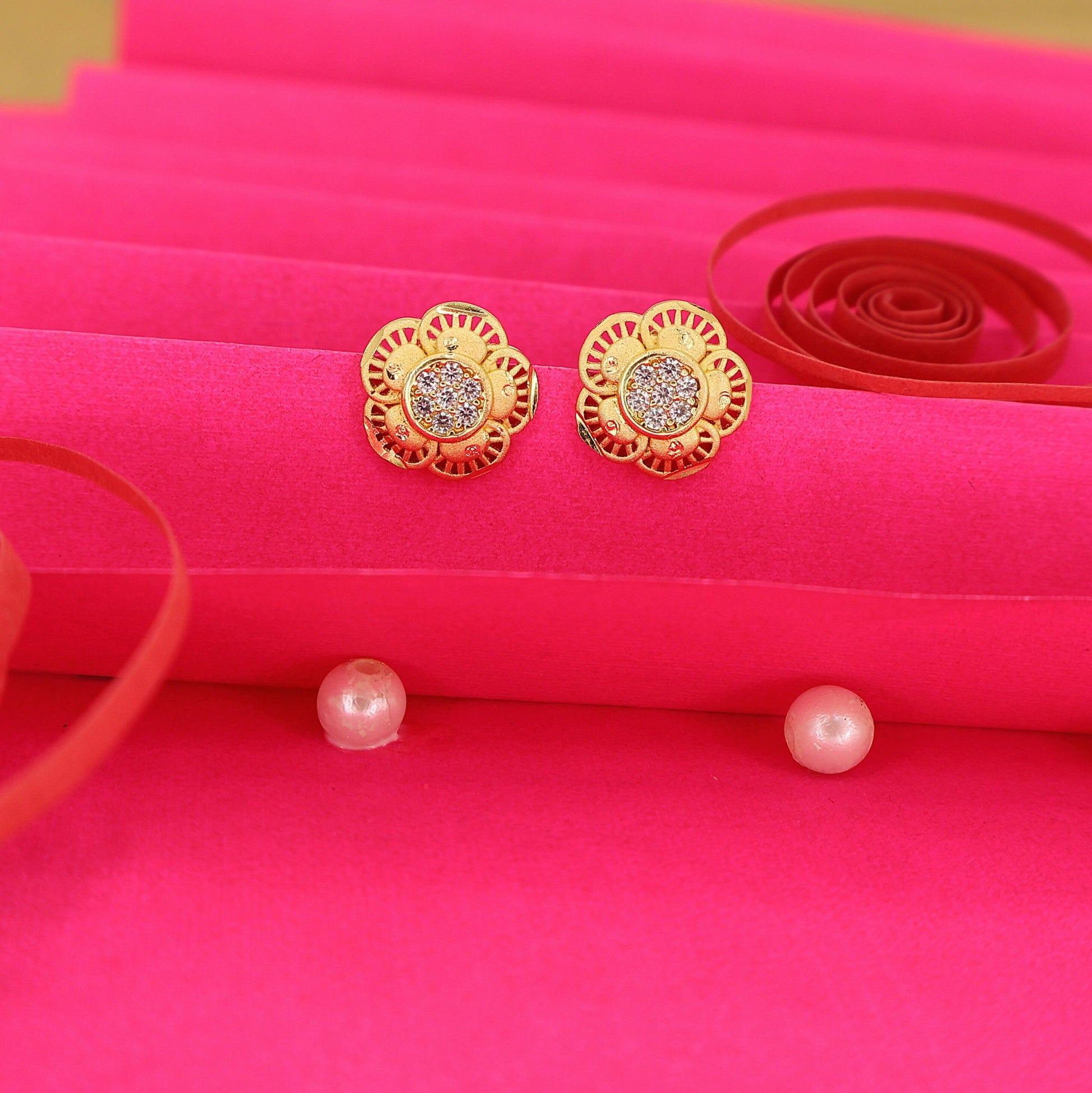 Daily Wear Gold Floral Stud Earrings with AD for women and girls