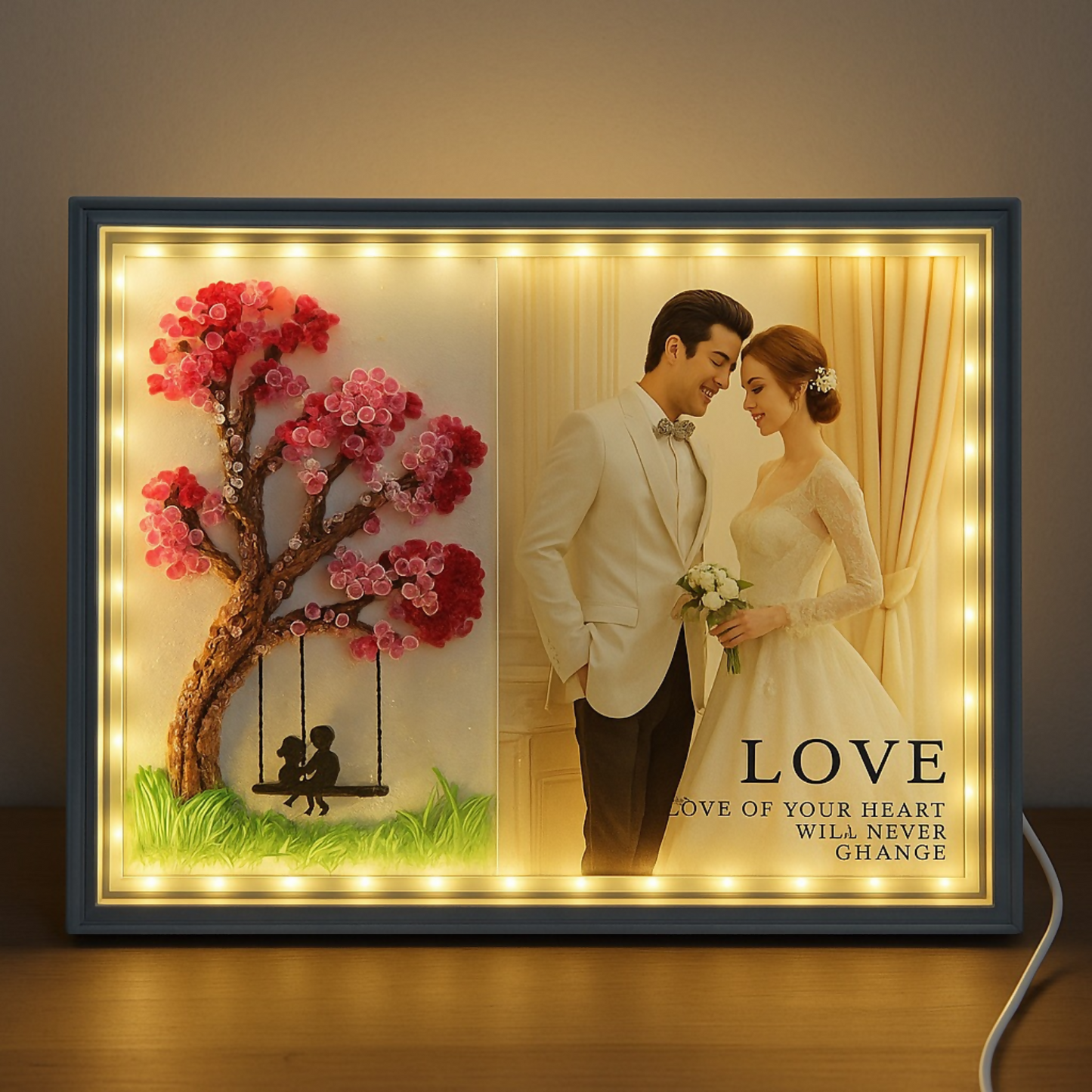 Romantic LED Photo Frame with 3D Tree & Couple Swing Artwork | Warm Light Illuminated Wedding & Anniversary Picture Frame | USB Powered Tabletop Love Lamp for Bedroom, Home Decor & Valentine Gifting