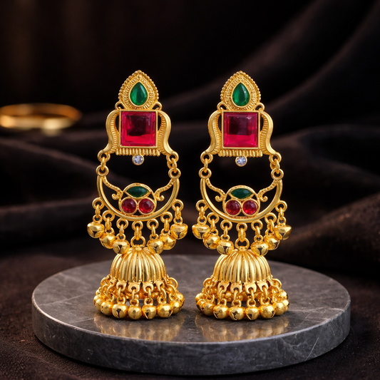 Kashmiri Jhumka Drop Earrings with Kundan & Pearl Tassels–Luxury Earrings