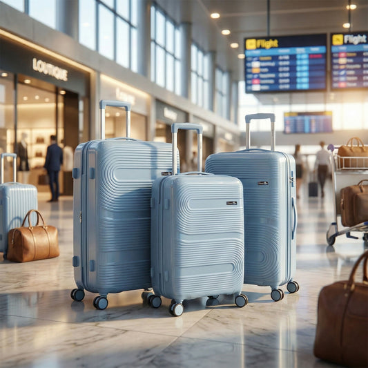 Grey Blue Hard Shell Cabin Trolley Suitcase with Telescopic Handle & 8 Wheels