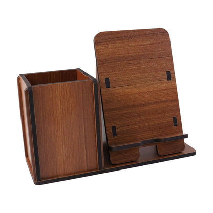 Wooden desk organizer with pens and stationery inside
