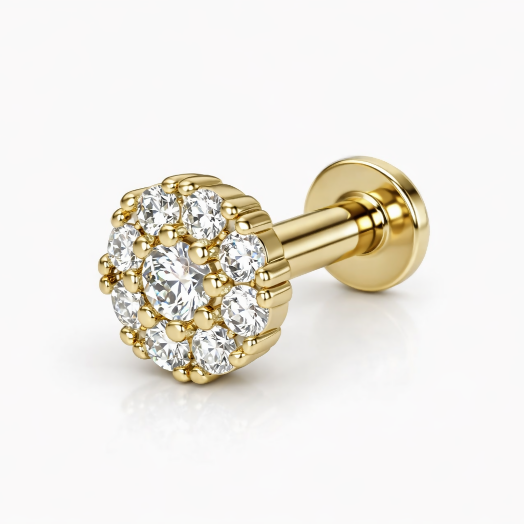 Flat back design of gold flower stud earring for comfortable wear