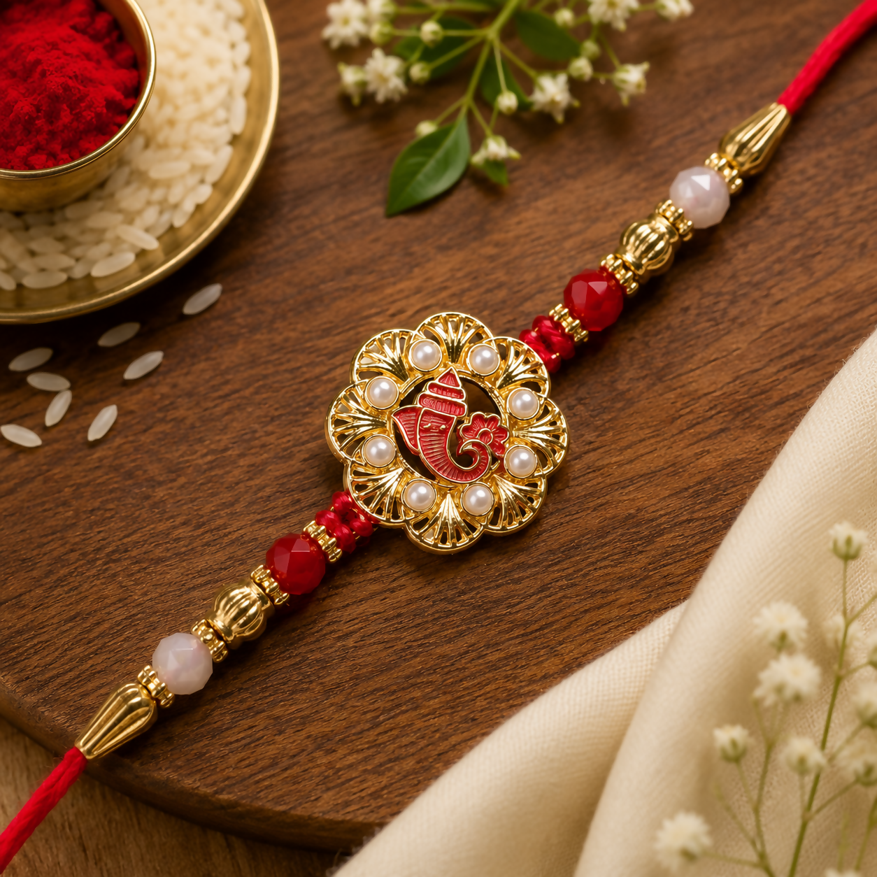 A red and gold Ganesha bracelet with red beads and golden detailing lies on a wooden surface, with a white cloth and white