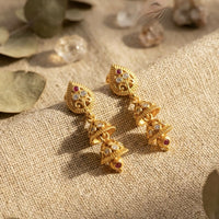 Exquisite Gold-Plated Double Layer Jhumka Earrings with Ruby and Stone Accents
