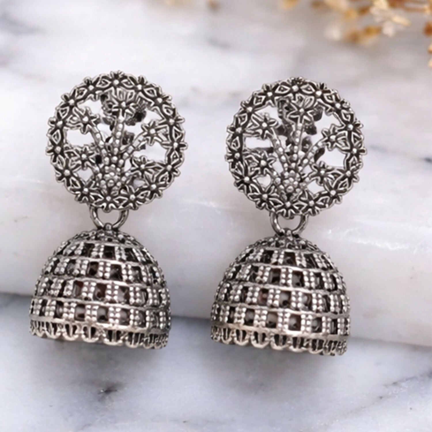 Oxidized Silver Floral Jhumka Earrings for Women – Traditional Ethnic Designer Jewelry