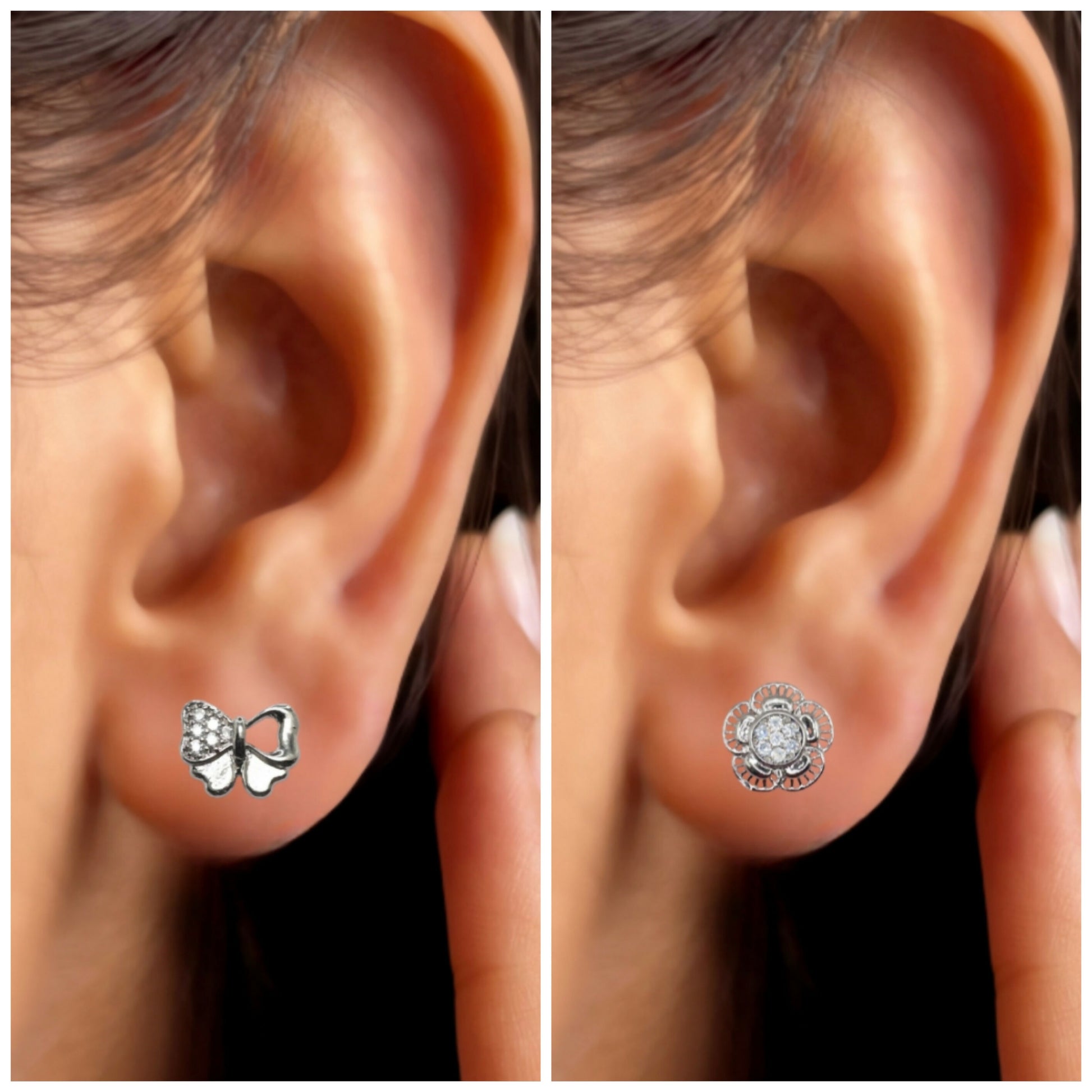 Close-up of silver plated bow stud earrings featuring sparkling cubic zirconia stones