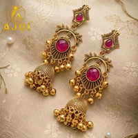 Antique Gold Plated Jhumka Earrings with Ruby Red Stone Traditional