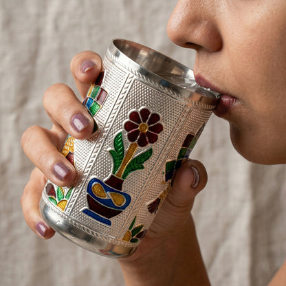 Side view of Silver Meenakari Peacock Stainless Steel Glass