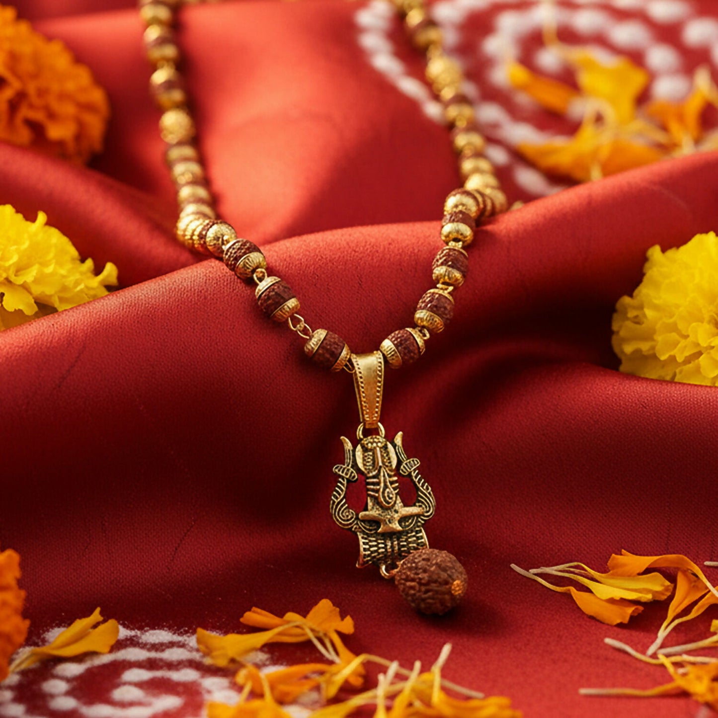 Trishul Shivling Gold Pendant & Rudraksha Mala