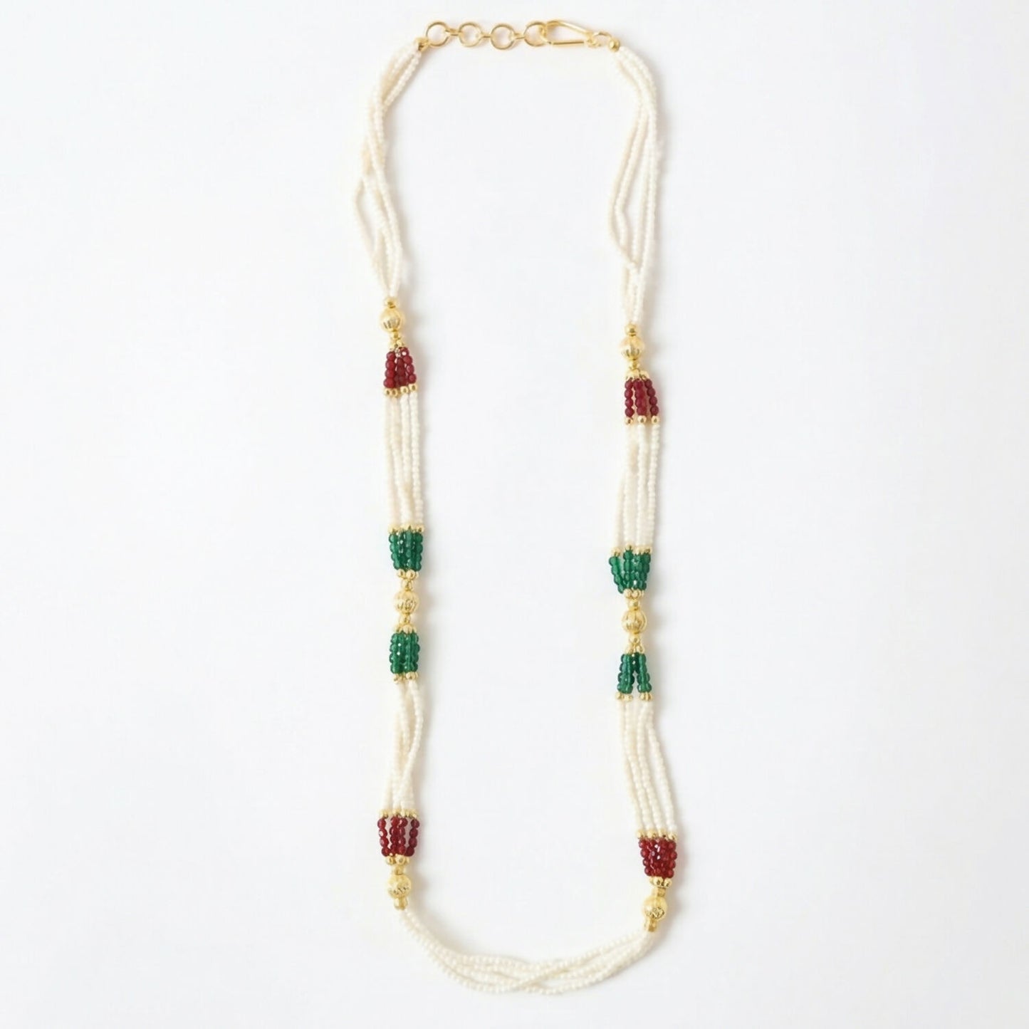 Full display of multi-layer pearl beaded necklace with colorful accents