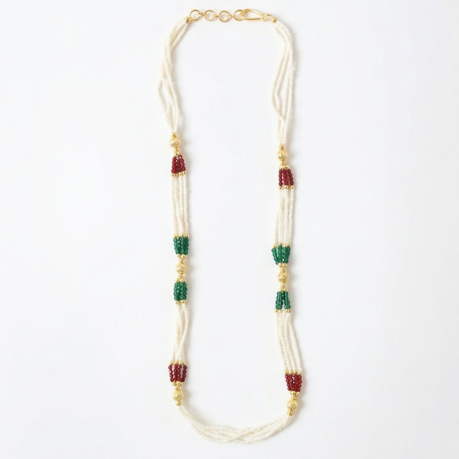 Full display of multi-layer pearl beaded necklace with colorful accents