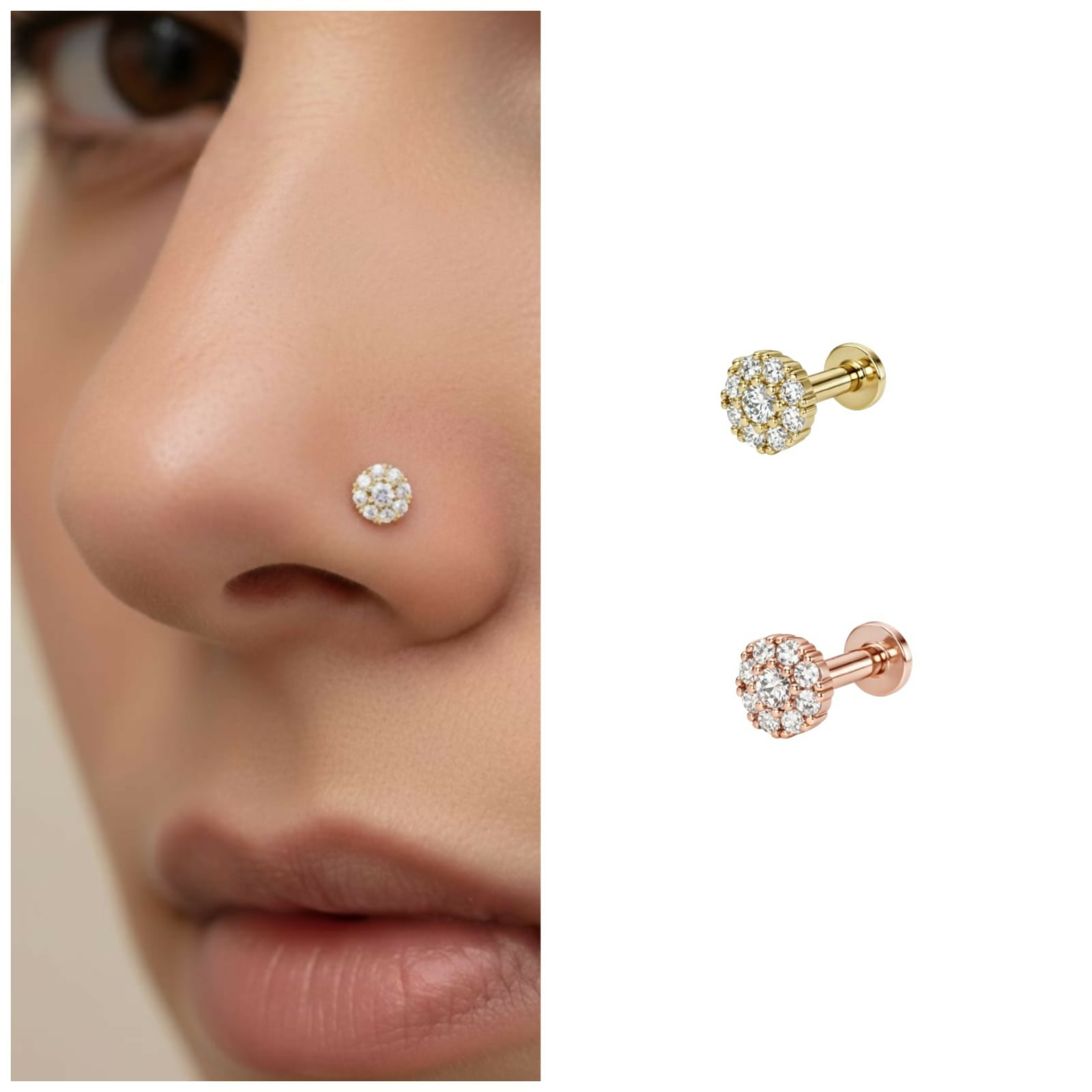 Rose gold plated diamond flower cluster nosepin stud for comfortable nose piercings