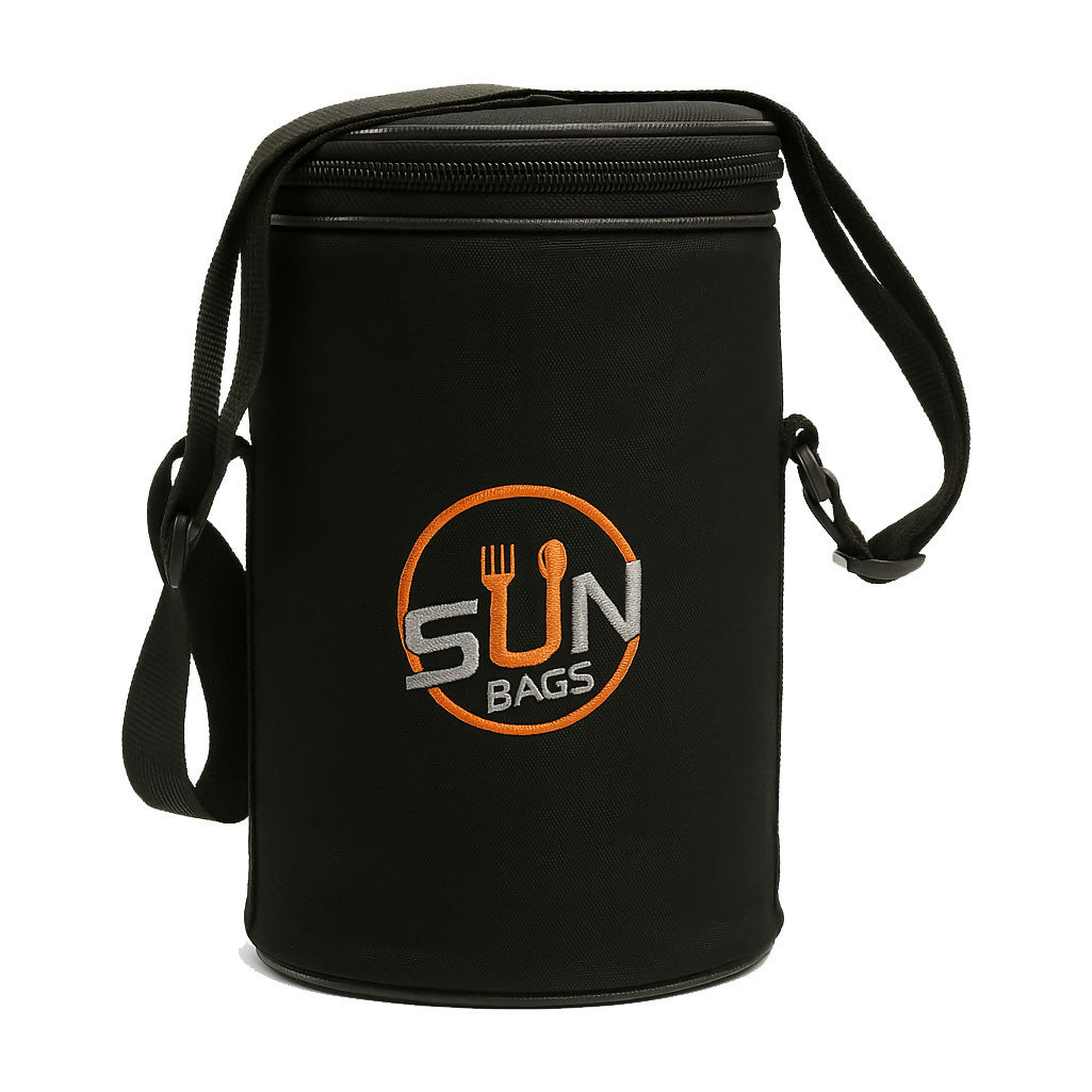 Sun Bags Round Tiffin Bag | Premium Lunch Bag with Shoulder Strap | Durable Fabric | Compact Food Carrier for Office, School & Travel (Black)