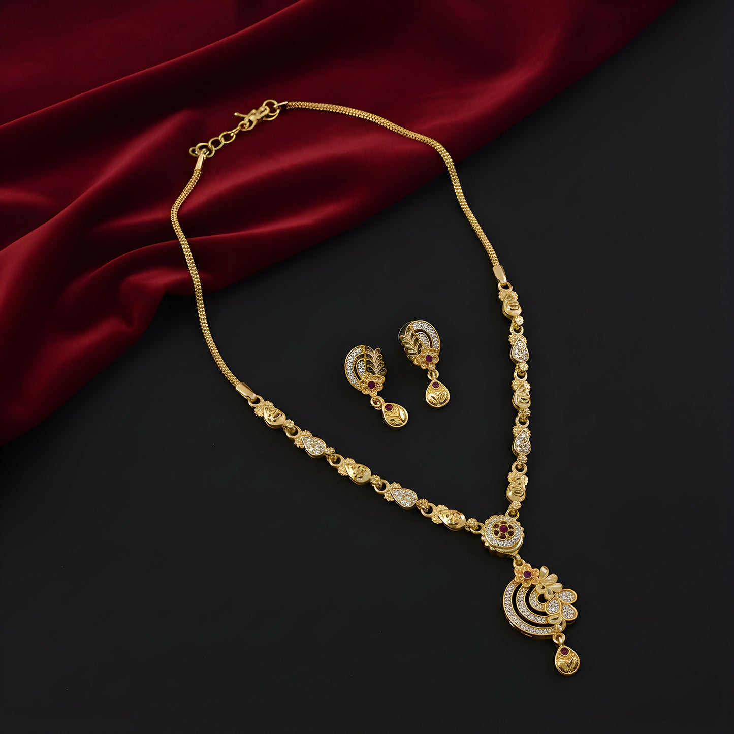 Premium Gold-Tone Ethnic Necklace Set with Floral Pendant Design & Matching Drop Earrings