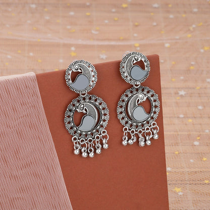 Silver Look Peacock Mirror Work Jhumka Earings