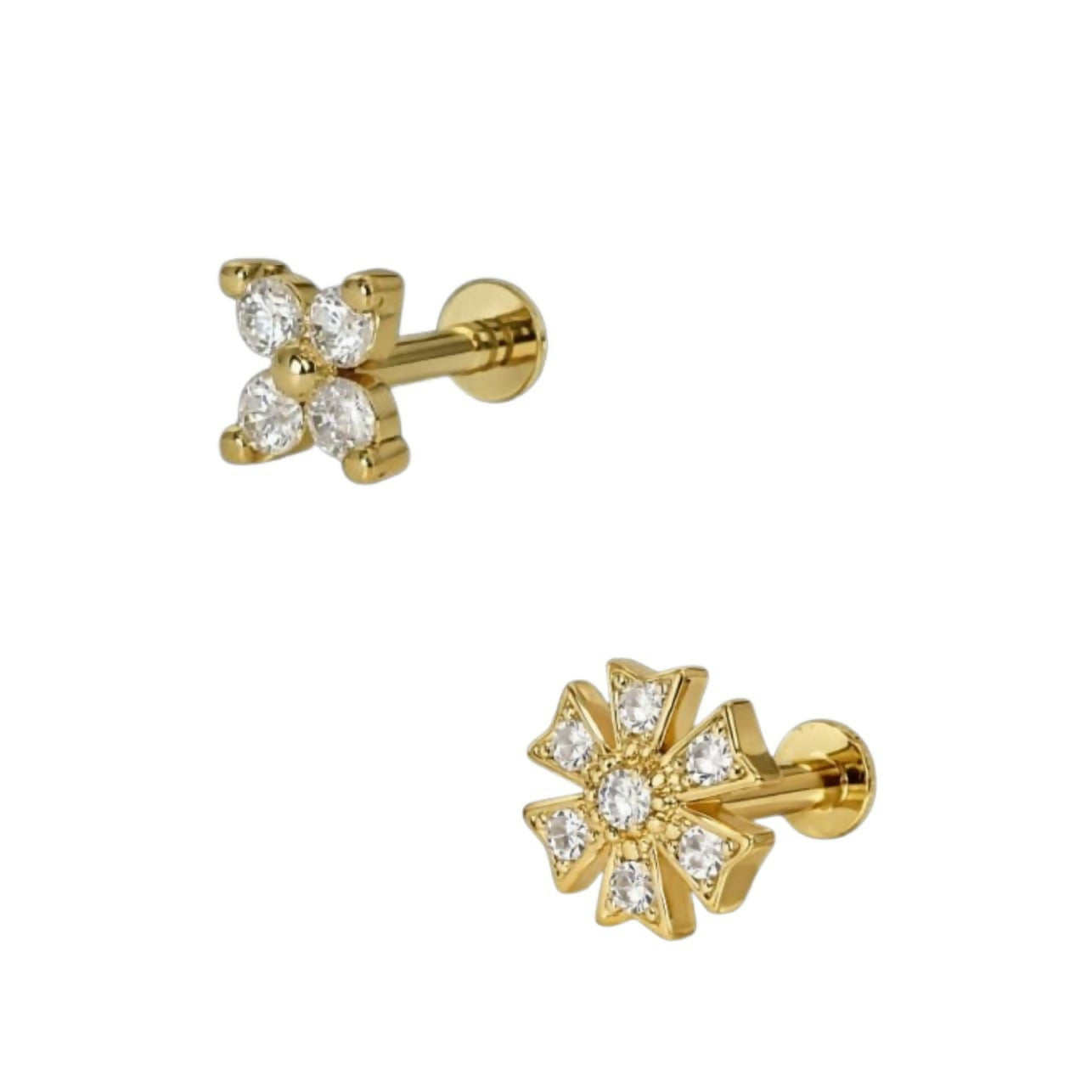 Pair of crystal floral gold plated nosepin studs for nostril piercing