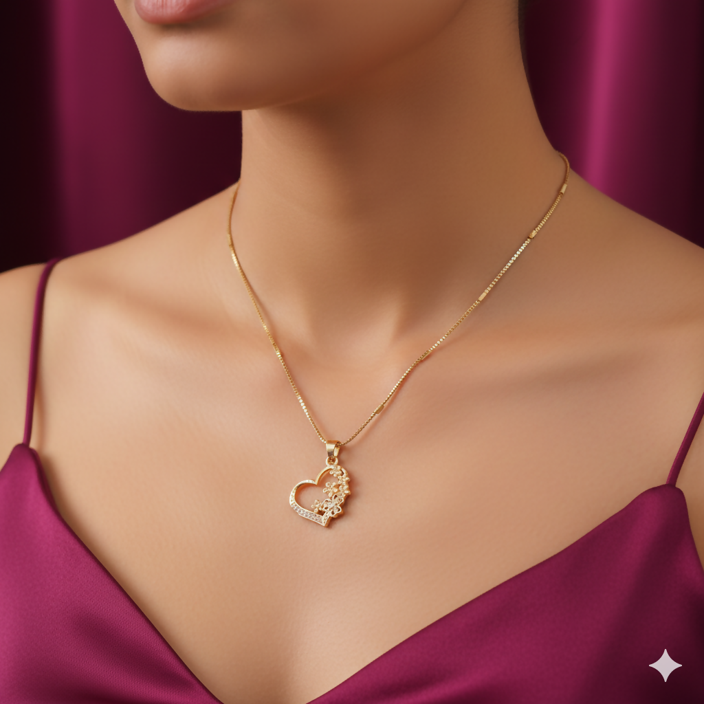 Gold-Plated AD Heart & Floral Pendant Necklace For women and girls