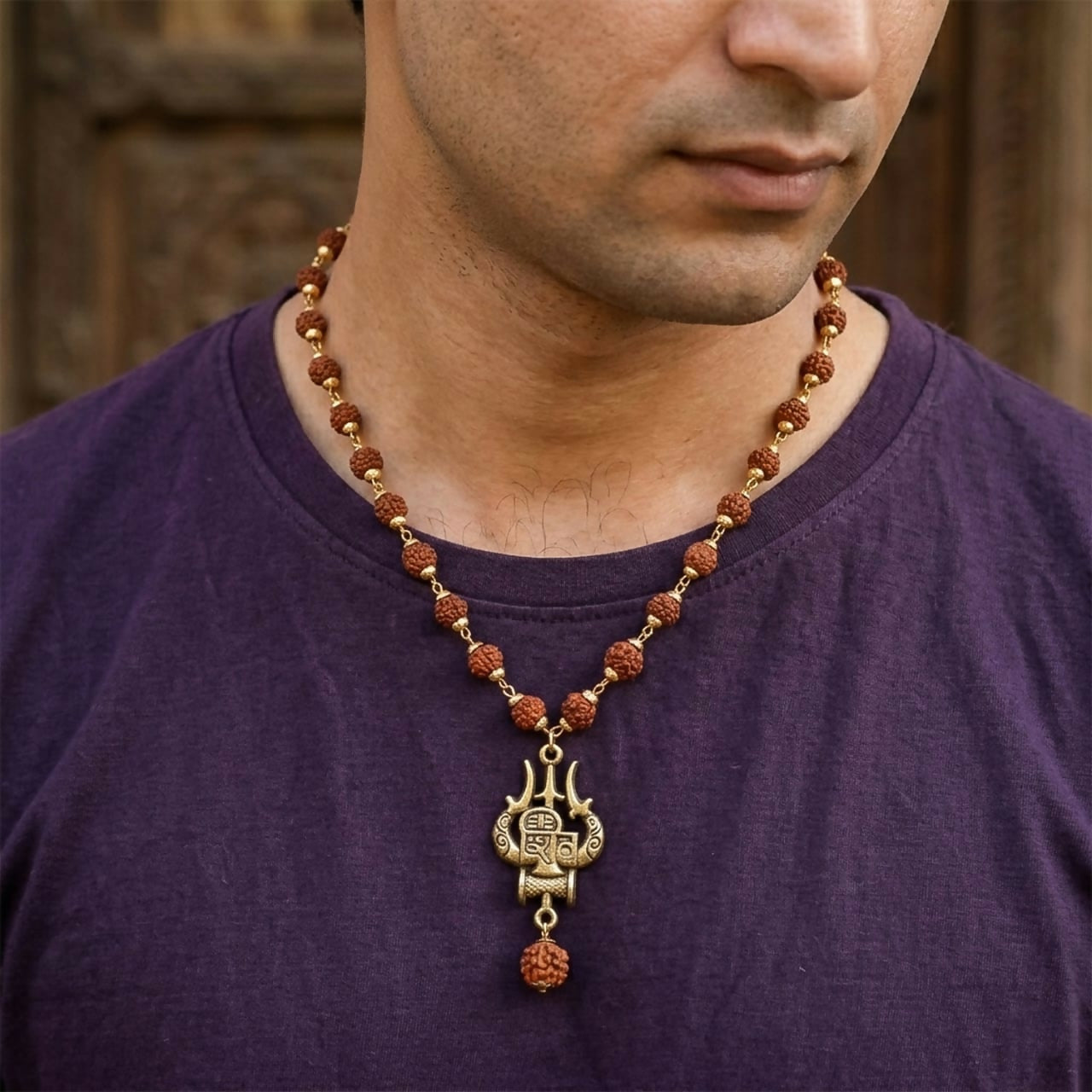 Rudraksha Bead Necklace with Trishul Shiva Pendant Spiritual Mala for Men